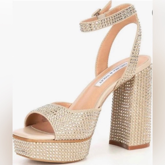 Chelsea & Violet Cora Gold Rhinestone Platform Heels - Picture 1 of 13